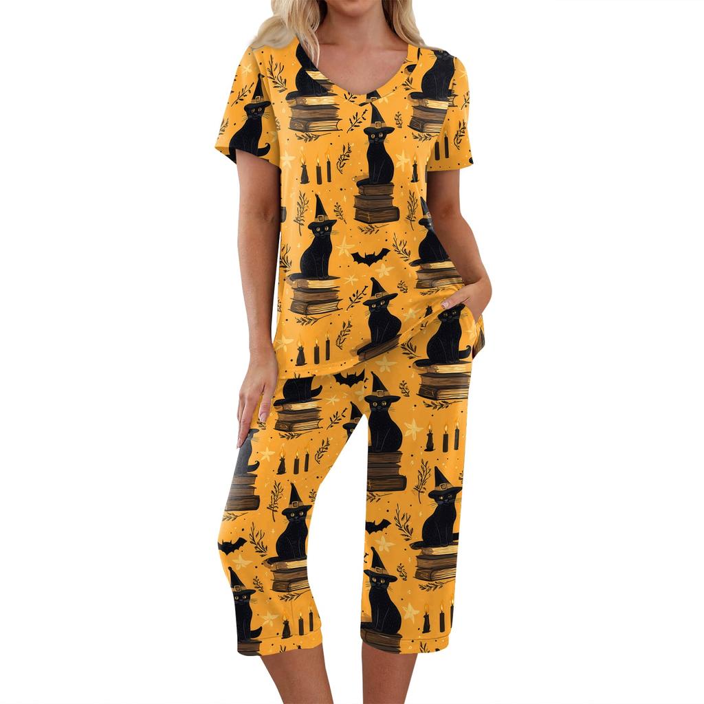 Women's Halloween Two-Piece Outfit Set - Casual Short Sleeve Top and Printed Pants, Comfortable Sportswear for Holiday Parties
