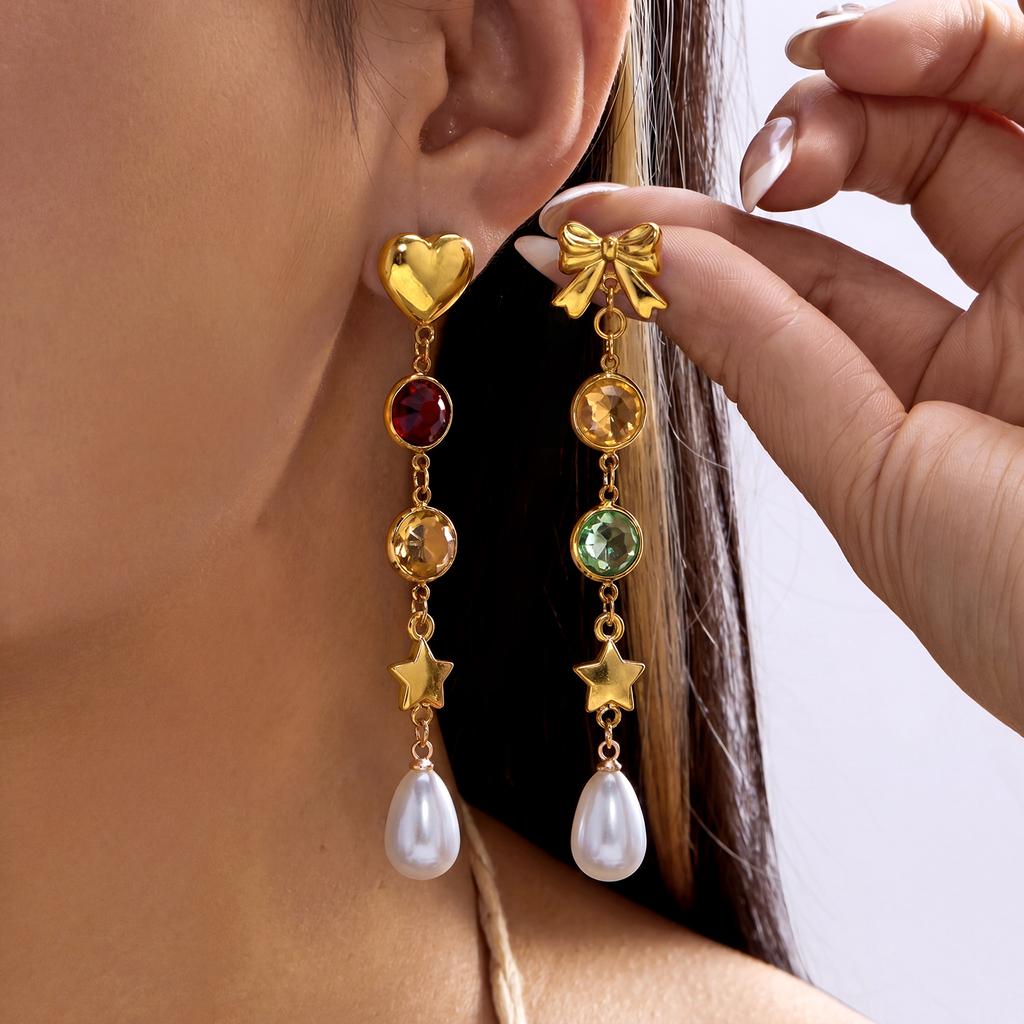 Stainless Steel Butterfly Heart Earrings for Women Colorful Crystal Imitation Pearl Tassel Long Drop Jewelry Party Accessories