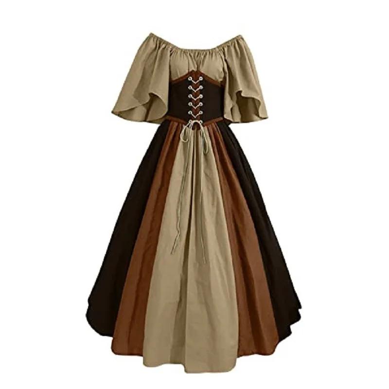 Halloween Costumes for Women Medieval Retro Contrasting Color Slim Swing Dress One-word Shoulder Dress Love Live Cosplay