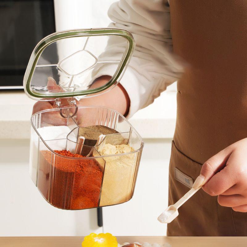 4 Grids Salt Pepper Seasoning Box Transparent Lid Spice Jar Chili Powder Sugar Bowl Condiments Storage Container Kitchen Gadgets