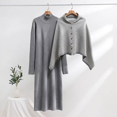 Women's 2 Piece Outfits Fall Winter Knit Sweater Dress Long Sleeve High Neck Loose Dresses Button Down Shawl Poncho Lounge Sets Sweatsuit for Women