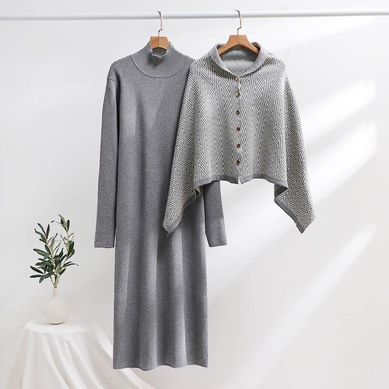 Completi da Donna 2 Pezzi Autunno Inverno Abito Maglione in Maglia Manica Lunga Collo Alto Abiti Ampi Sciarpa Poncho con Bottoni Set Lounge Tuta da Ginnastica per Donna