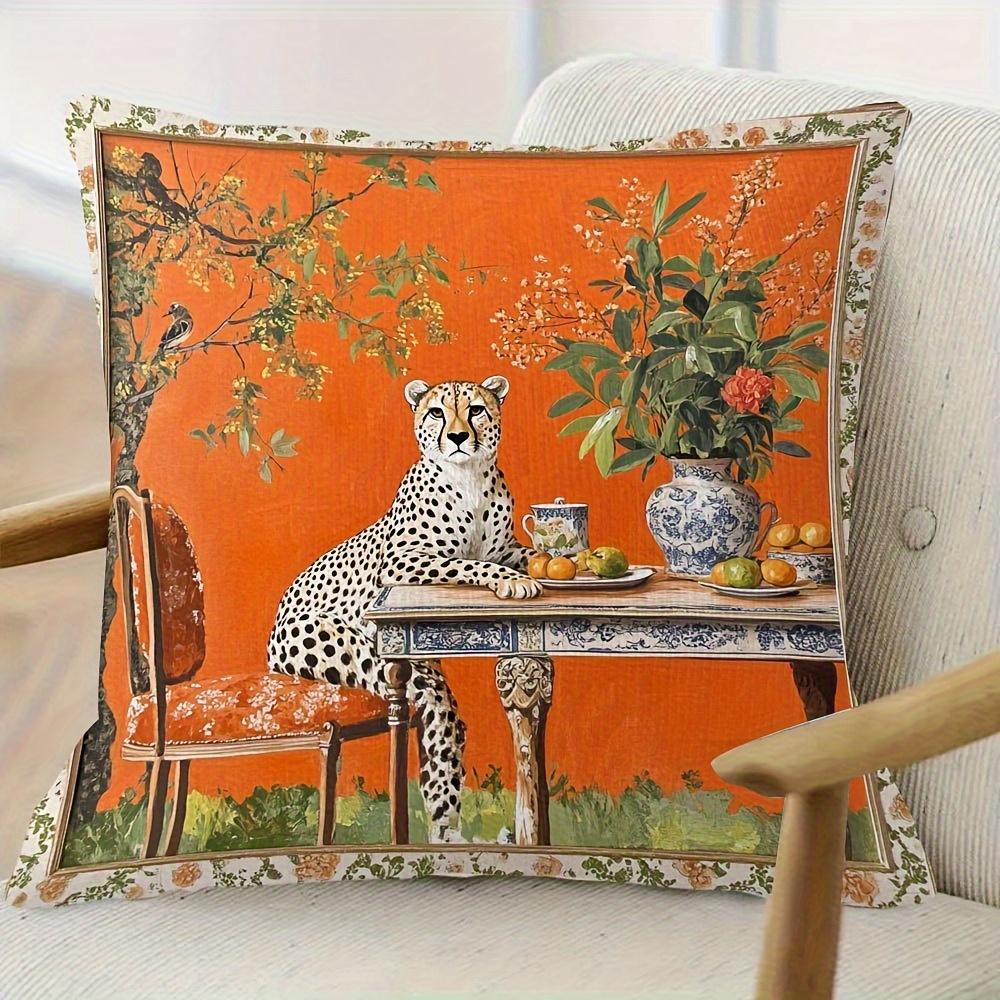 1Pc Orange Background Cheetah Dining Table Throw Pillow Cover,Suitable For Sofa,Bedroom,Living Room,A Unique Gift For Art Lovers