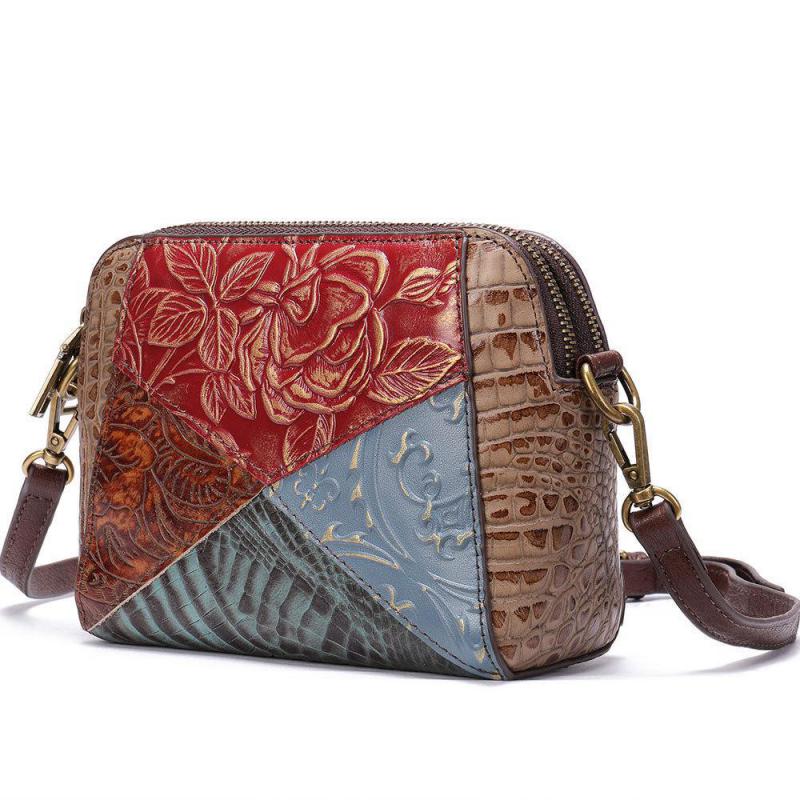 

Женские сумки через плечо Johnature из натуральной кожи в стиле ретро, ​​универсальная сумка на плечо из мягкой яловой кожи с тиснением и цветной строчкой разноцветный