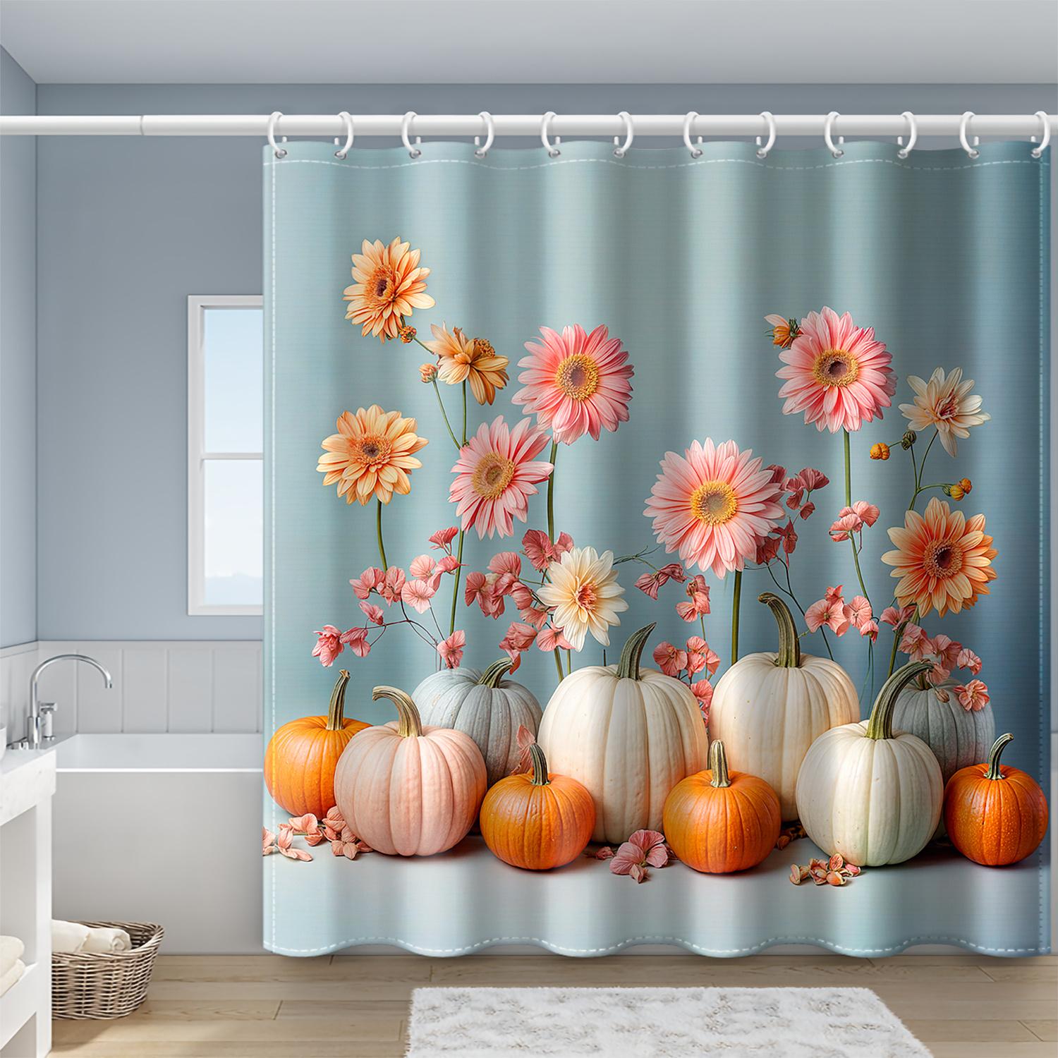 Pumpkin Floral Curtain - Water-Resistant, Art Theme, 71In, Machine Washable, Hooks, All-Season W90XH180cm
