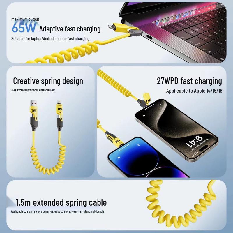 Double Magic 65W + 27W Spring Telescopic 4-in-1 Cable for Apple & Huawei