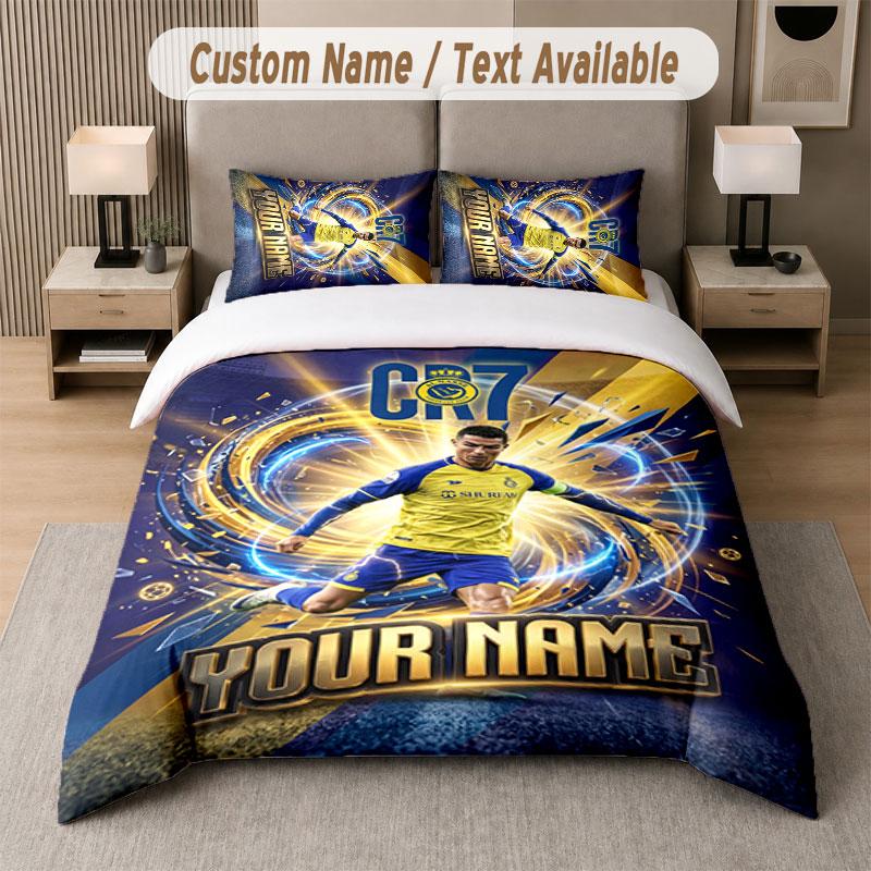 Set Biancheria da Letto Personalizzato Modello Cristiano Ronaldo, Stampa Nome Testo 1 Copripiumino più 2 Federe Tessile per la Casa