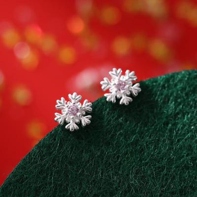 925 Sterling Silver Snowflake Pink Diamond Stud Earrings for Women - Elegant European & American Style Christmas Gift