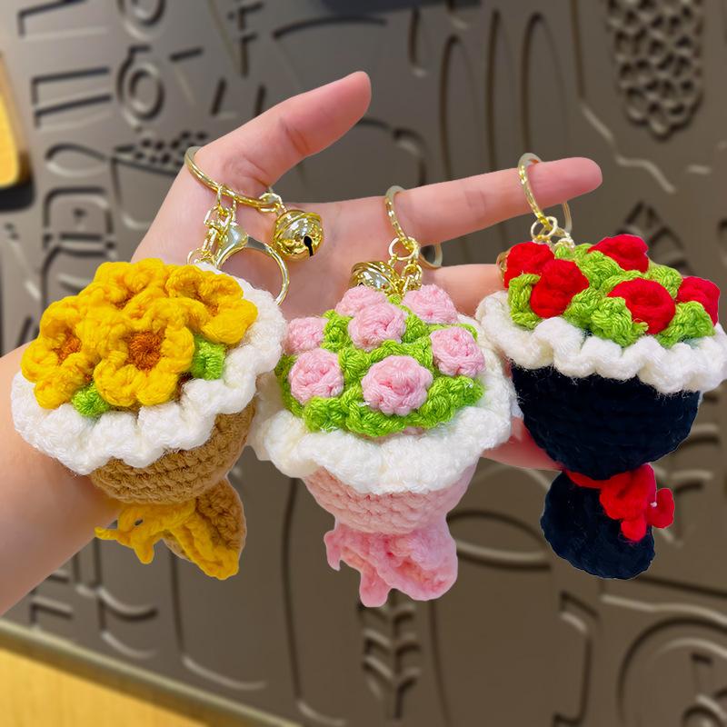 Hot Woolen Hand-Held Flower Sunflower Keychain Pendant Simulation Rose Handmade Crochet Ins Style Bag Hanging Accessory In Stock