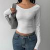 Women'S Solid Color Ribbed Striped Long Sleeve Crop Top Scoop Neck Slim Fit Y2K Basic Tee Shirt
