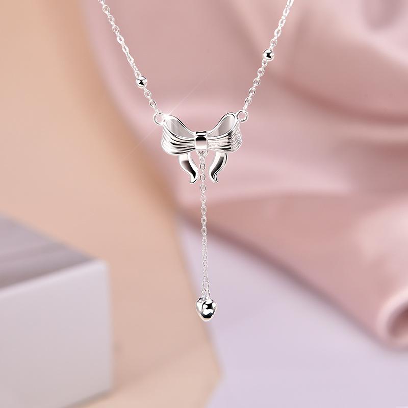 Original Design S925 Sterling Silver Bow Tassel Necklace for Women - High-End 2025 Style Clavicle Chain Accessory