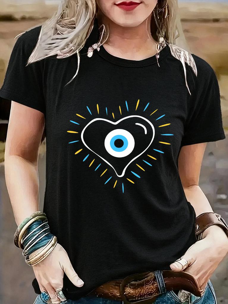 Unisexs Boho Nazar Amulet Tshirt Evil Eye Print Short Sleeve Tees Tops With Heart Design Graphic Y2k T Shirt Clothes Female 90s