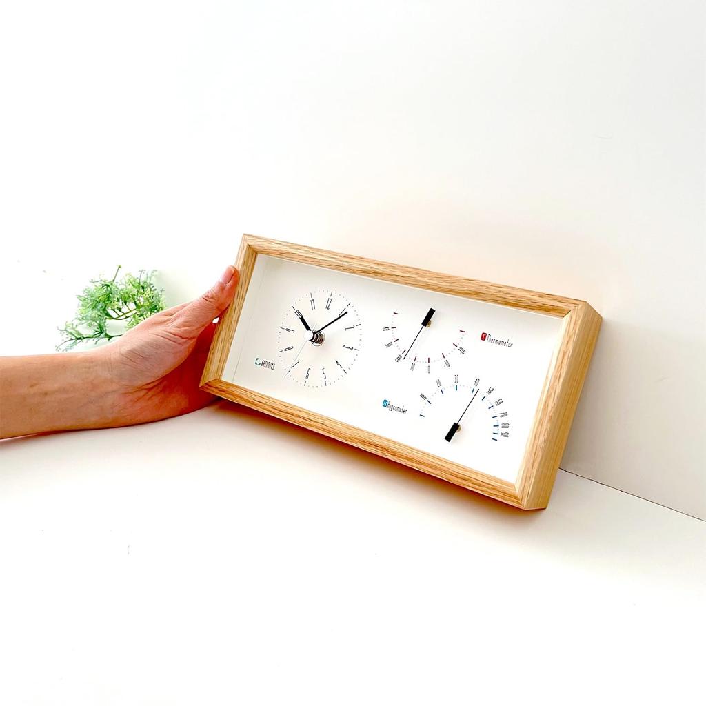 KATOMOKU Thermo Clock Oak Wooden Clock Thermometer and Hygrometer Can be hung or placed x x km-152OA 25.5 12.1 4.6cm