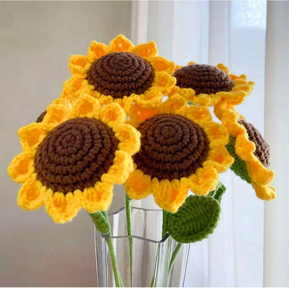 House Party Decoration Flower Art Knited Flower Table Fake Flowers Vase Ornament Sunflower Bouquet