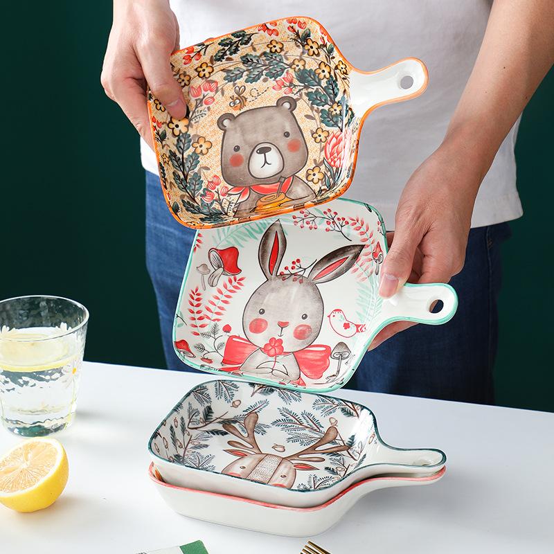 Ceramic Baking Tray with Handle Forest Animal Design Bowls Creative Restaurant Household Plate Kitchen Tableware Gift
