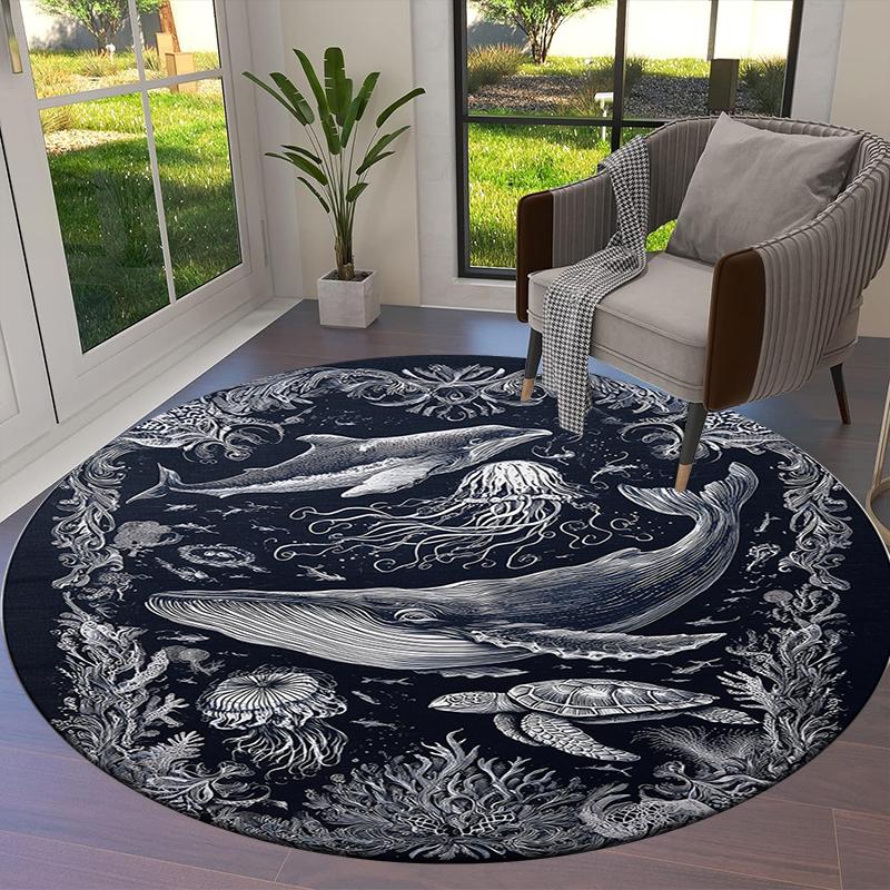 Sketch Truck Whale Poseidon Skeleton Round Area Rug,Carpet Rug for Living Room Bedroom Sofa Playroom Decor,Non-slip Floor Mat