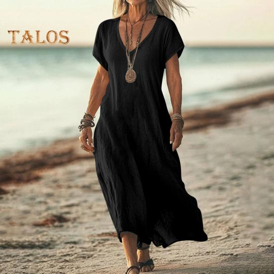 Damekjole i bomull og lin, avslappet, kortermet, v-hals, lang kjole, sommer, strand, ferie, swing, sommerkjole