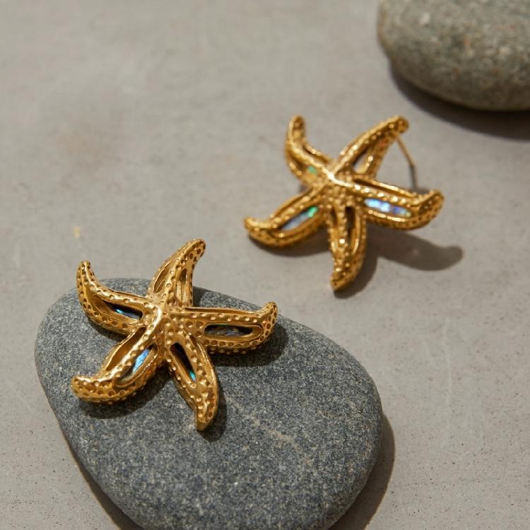 Biżuteria inspirowana motywami morskimi Naszyjnik z muszli abalone Kolczyki sztyfty ze zdobieniami w kształcie rozgwiazd Stal nierdzewna Łańcuszek