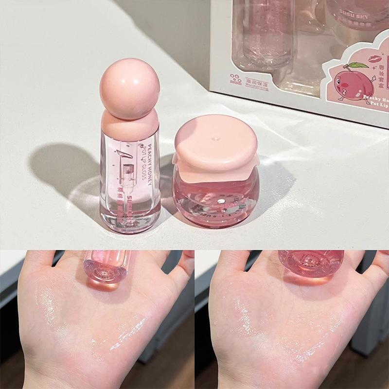 Peach Lightweight Lips Set Clear Glass Moisturizing Lip Balm Transparent Lip Oil Hydrating Jelly Day & Night Lip Mask Set