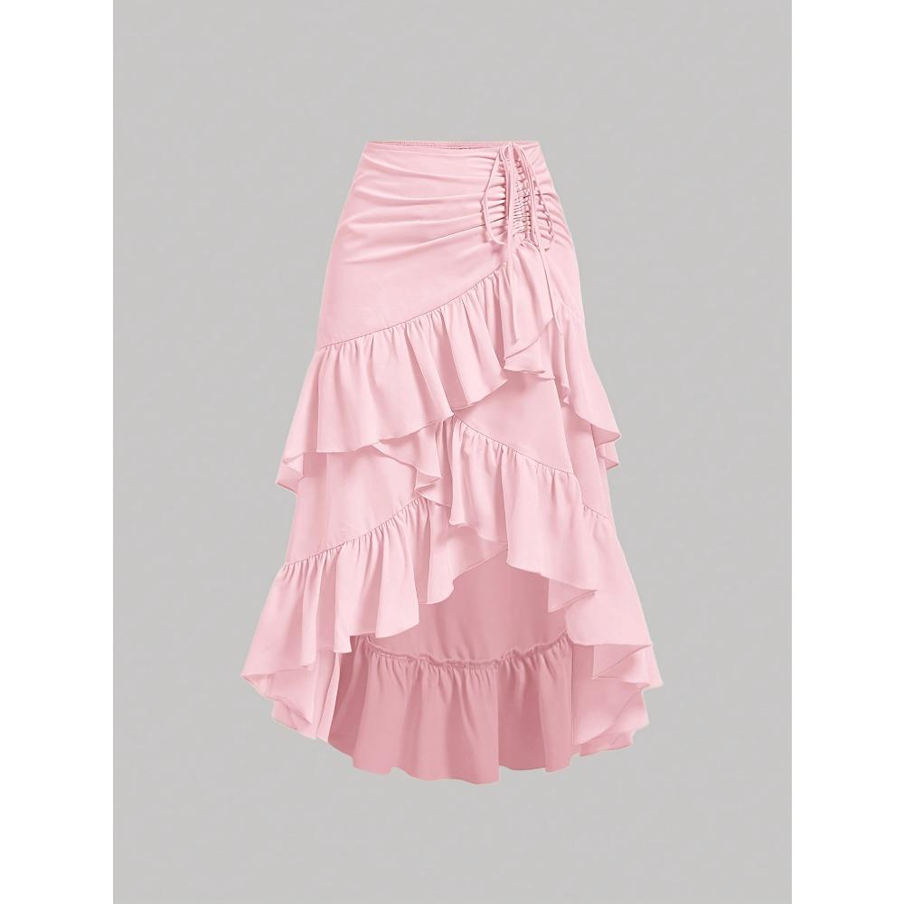 Gonna midi da donna a vita alta, vestibilità regolare, elegante, tinta unita, con coulisse, arricciata, con volant, orlo asimmetrico