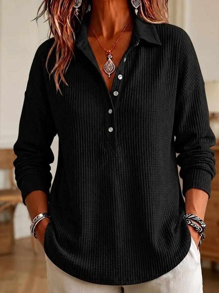 Damen S Waffelstrick Langarm Pullover T-Shirt Locker Lässiges Oberteil