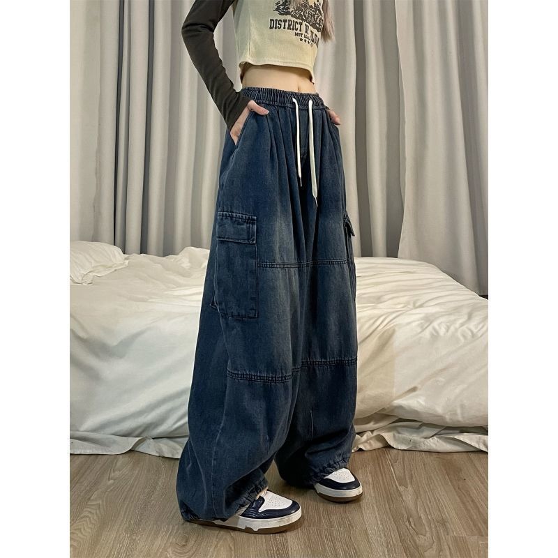 Four Season Women Loose Retro Jeans Tooling Wide-leg Loose Mopping Pants Hip-hop Hiphop Casual Pants