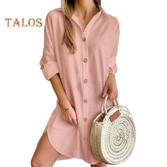 

Платье-рубашка для женщин осень-весна, однобортное, с разрезом по низу, свободное, однотонное, с пуговицами и запонками, длиной выше колена, мини-платье 2XL розовый