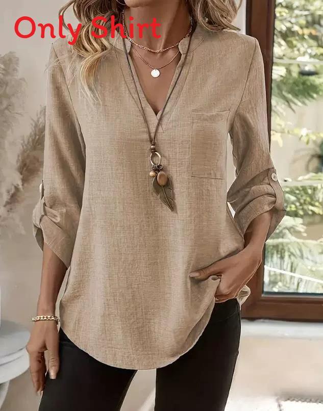 Womens Casual Cotton Linen Blouse With Pockets And Vneck For Summer 2025