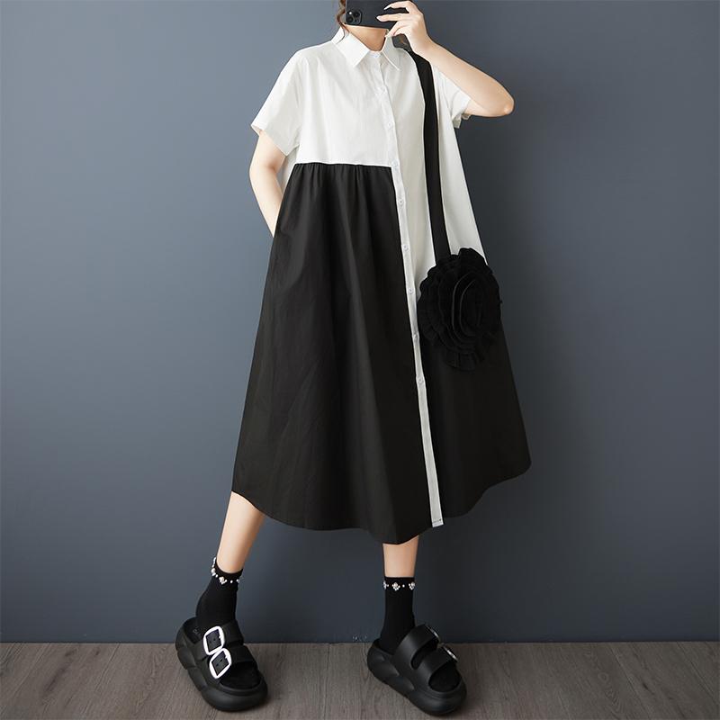 

Новое хлопковое винтажное платье с цветочным принтом больших размеров с короткими рукавами для женщин, повседневное свободное длинное летнее платье-рубашка чёрный