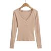 Spring and Autumn New Female European and American Style Spice Girls Solid Color Low Chest V-Neck Button Long Sleeve Bottom Shirt T-Shirt