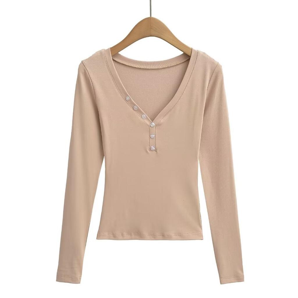 Spring and Autumn New Female European and American Style Spice Girls Solid Color Low Chest V-Neck Button Long Sleeve Bottom Shirt T-Shirt