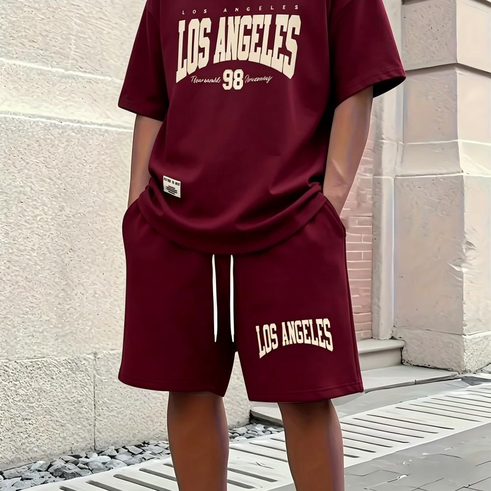 Men's Summer Retro Letter Printed Comfortable Breathable Round Neck T-shirt Drawstring Shorts Set Outdoor Casual Clothing