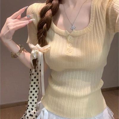 Koreansk-stil Firkantet Hals Strikket Kort-ermet Dame Sommer Tettsittende Knappe-opp Topp