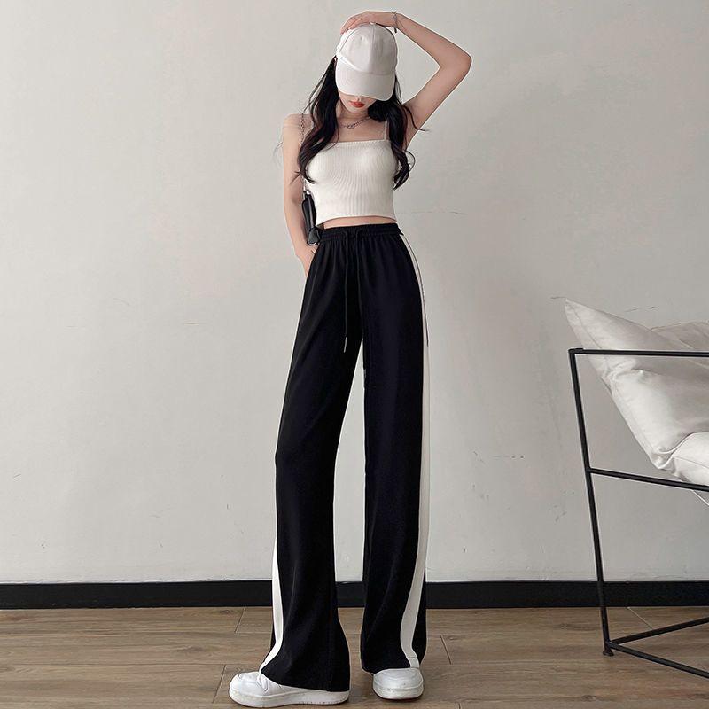 Pantalon pour femme en soie glacée noire, taille haute, jambe large, pantalon décontracté droit, pantalon de survêtement rayé grande taille