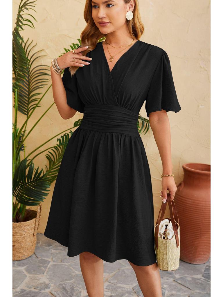 2024 Spring/Summer Women's V-Neck Waist-Cinching Flared Sleeve Dress