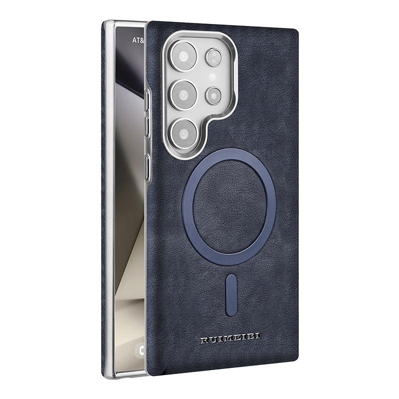 

Strong Magnetic Charging Matte Leather Case for Samsung Galaxy S25 Ultra S24 Plus S23 Ultra Plating Lens/Button/Bumper Cover S25Ultra Темно-синій