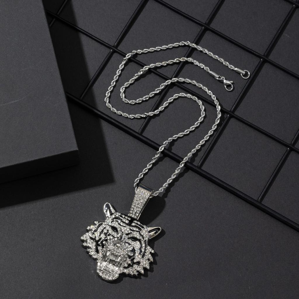 Zinc Alloy Tiger Pendant Necklace Men European American Domineering Punk Hip Hop Cool Full Zircon Personalized Cuban Chain Neck Jewelry Gift