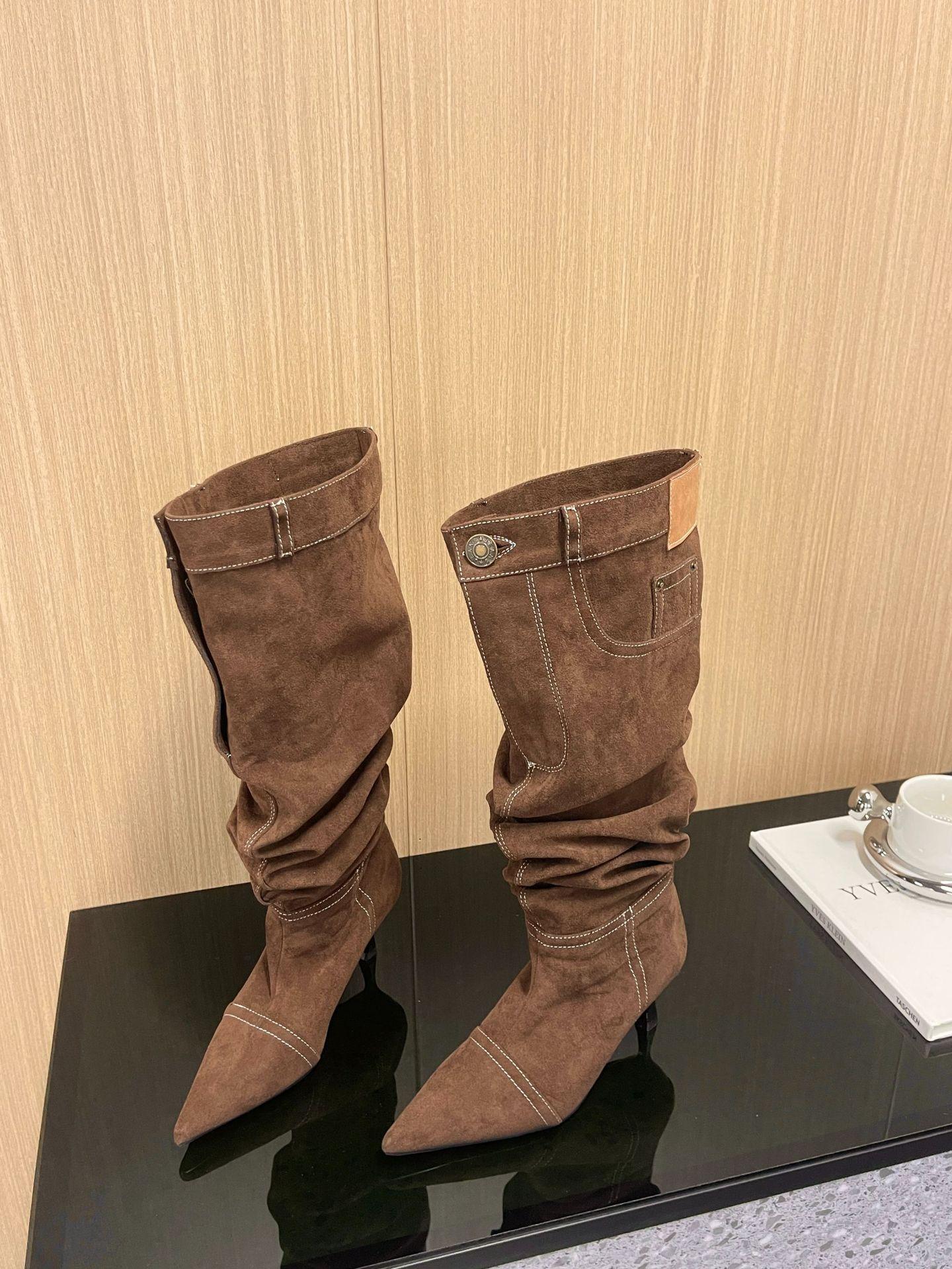 

European and American fine heel fashion boots women s 2025 new fashion western denim pointed but knee women s boots 39 коричневий