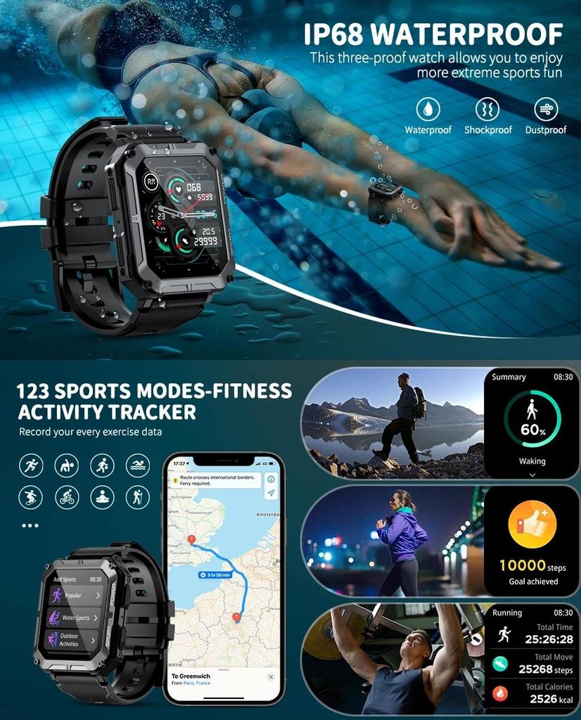 C20 PRO Smartwatch Mannen Bluetooth Bellen Buitensporten 1,83 inch Groot Scherm Spraakassistent Fitness C20Pro Smartwatch