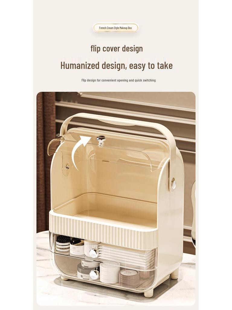 Large Capacity Dustproof Cosmetic Storage Box with Desktop Drawer for Skincare and Makeup