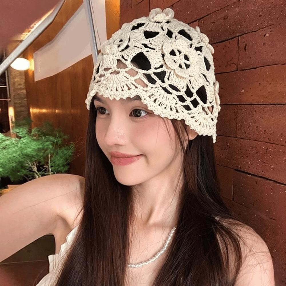 Handmade Hollowed Out Beanie Cap Thin Woven Cap Cute Crochet Flower Knitted Hat  Outdoor