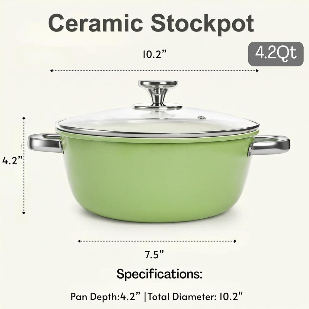 Ceramic Nonstick Stock Pot with Lid, 4.2 Quart Soup Pot, Cooking Pot Stew Pots, Induction Compatible Stockpot, Avocado Green