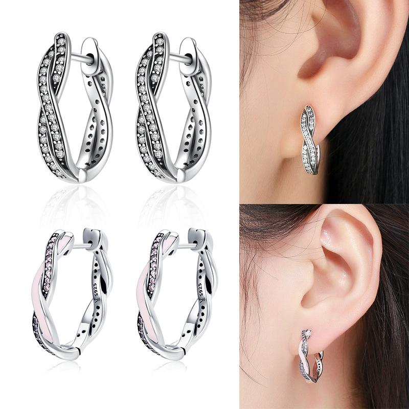 WOSTU HOT SALE 100% 925 Sterling Silver Twist Of Fate Pink Enamel Stud Earrings for Women Fine Jewelry Brincos Gift