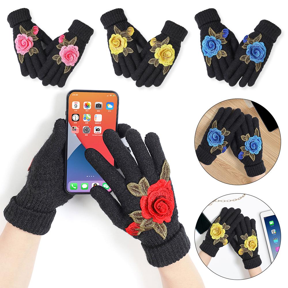 

Embroidered flower Winter Gloves Thickened All Finger Gloves Fashion Warm Mittens Women Girls червоний
