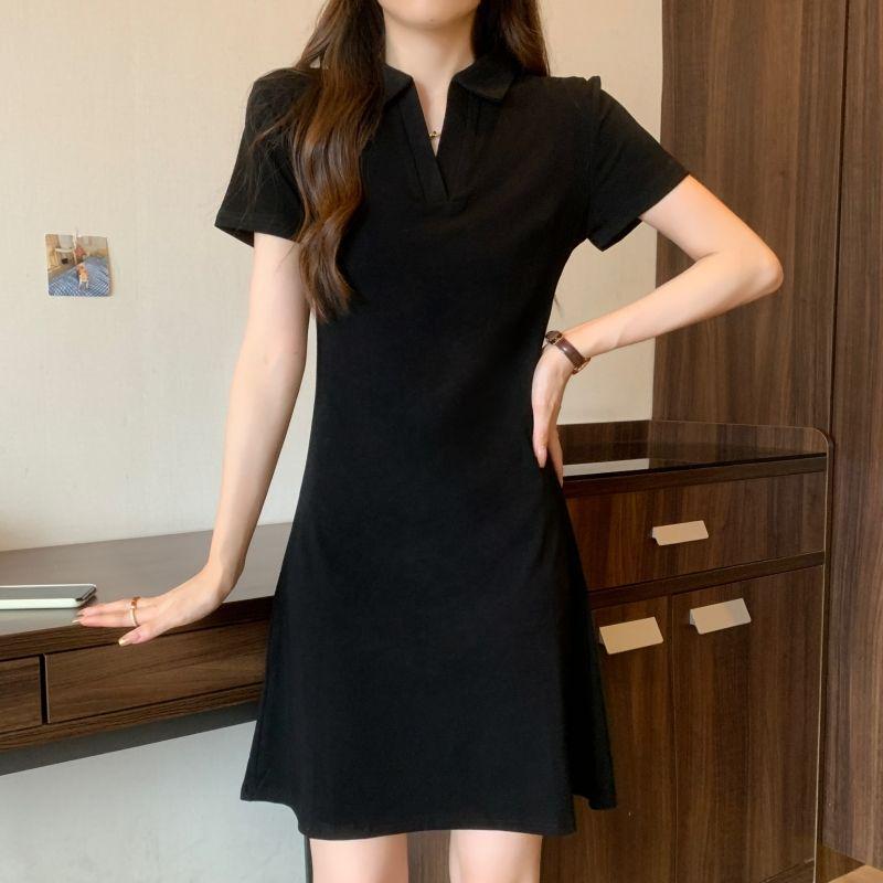 40s Pure Cotton Women's Little Black Polo Collar Dress, Slim Fit for Spring/Summer 2026
