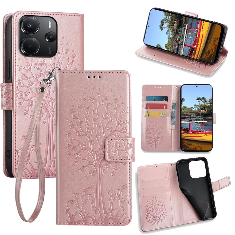 For Xiaomi Redmi Note 14 4G (164.84mm) Case PU Leather Wallet Phone Cover Tree Deer Imprinted