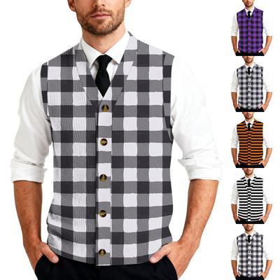 Men's Striped Plaid Print Tank Top Knitted Button,Down Shirt | Sleeveless Casual Button,Up Vest With Collar For Daily & Layering