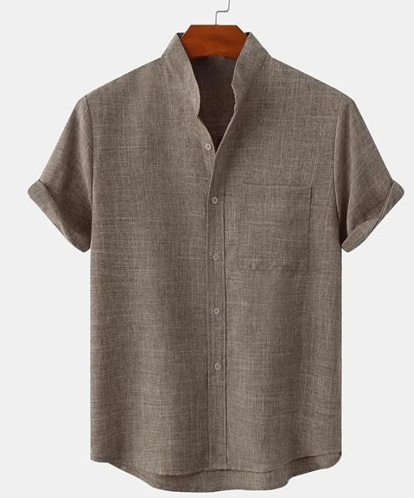 Men's Cotton and Linen Stand-up Collar Short-sleeved Solid Color Shirt Casual Cardigan Men's Shirt