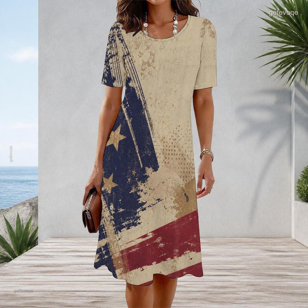 Women Plus Size Round Neck Short Sleeve American Flag Printed White A Line Dress