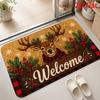 Welcome Floor Mat Christmas Reindeer Red Plaid Border Printed Carpet Pine Branches Holly Berries for Entrance Front Doorway